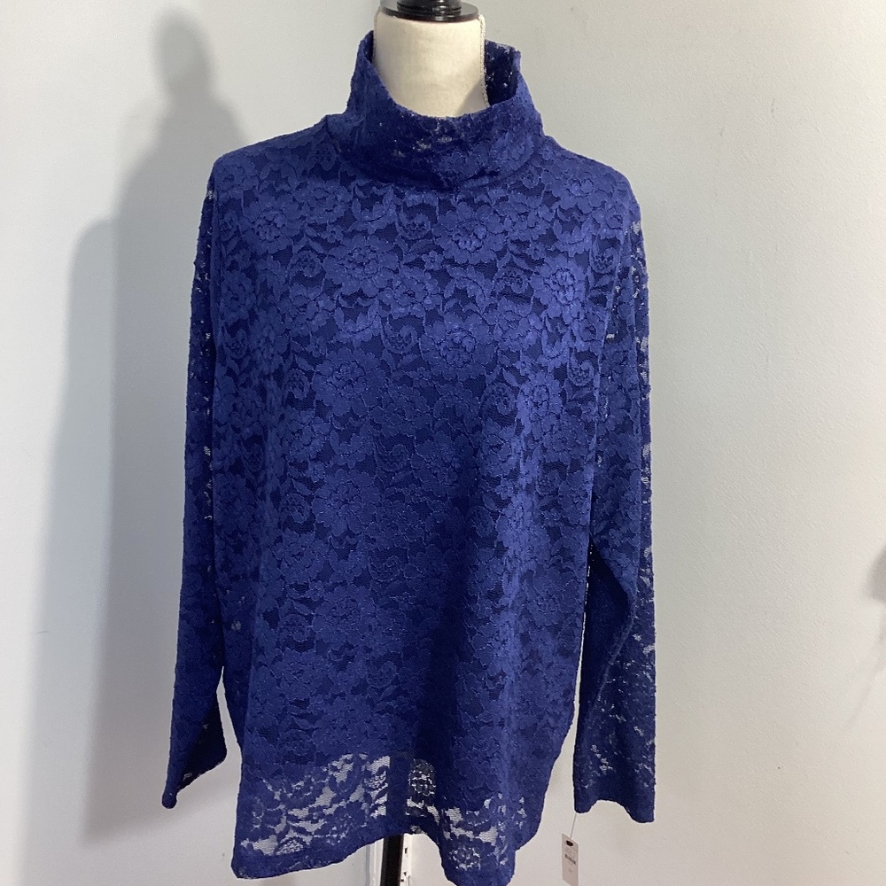 TALBOTS PLUS 2X NAVY LACE HIGH NECK BLOUSE LINED BOHO PARTY OFFICE NWT